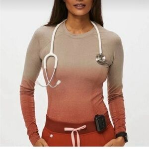 Figs Tan and Orange Ombré Seamless Long Sleeve Underscrub Top